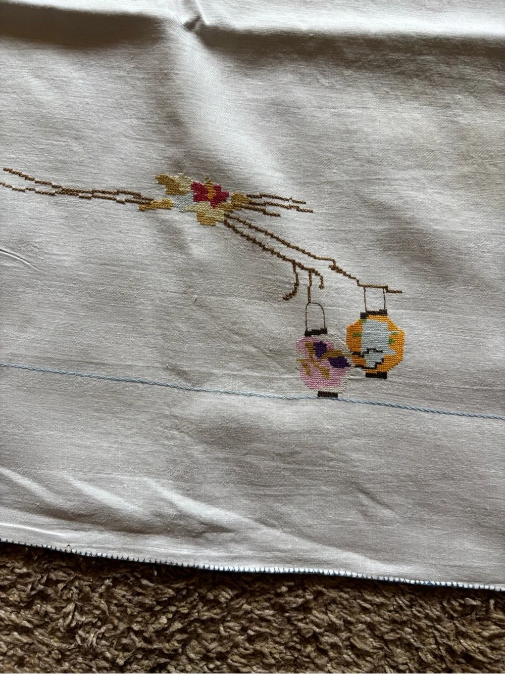 Embroidered White/Off-White Linen Tablecloth with Napkins